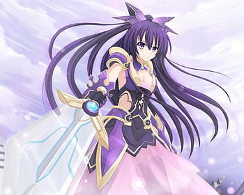 Pointing, sexy, sword, purple hair, hot, cute, girl, long hair, purple eyes, blade, armor, anime girl, anime, weapon, sky, cloud, female HD wallpaper