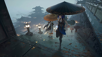 Fateful Moment in Liyue City | Yelan & Ningguang | Genshin Impact, Yelan (Genshin Impact), Ningguang (Genshin Impact), Liyue (Genshin Impact), Genshin Impact, rain HD wallpaper