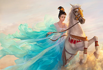 Oriental Princess riding Horse, horse, veils, asian, art, girl, beautiful, woman, digital, fantasy, pretty, princess HD wallpaper