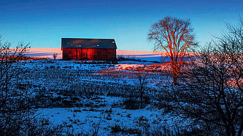 Sunset at Wisconsin, winter, snow, landscape, sky, usa, cabin, tree HD wallpaper