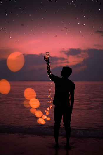 Sea, Stars, Shore, Bank, Dark, Glare, Silhouette, Jar, Human, Person HD phone wallpaper