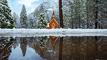 Yosemite Chapel, California, winter, snow, landscape, trees, water, reflections, usa, mountain HD wallpaper