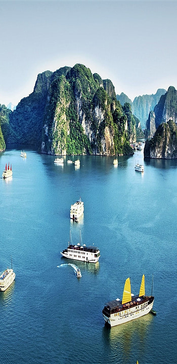 Vietnam ships, Ocean rocks, Ha Long Bay scenery, Samsung Galaxy HD phone wallpaper