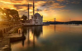 Ortakoy, Istanbul, evening, sunset, Agios Fokas, Mesachorion, Turkish Mosque, Bosphorus Bridge, Istanbul cityscape, Turkey HD wallpaper
