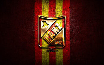 Deportivo Anzoategui FC, golden logo, La Liga FutVe, red metal background, football, Venezuelan football club, Deportivo Anzoategui logo, soccer, Venezuelan Primera Division, Deportivo Anzoategui SC HD wallpaper