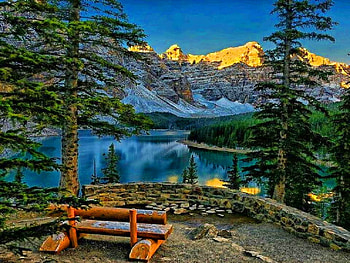 Take a seat, benc, trees, lake, mountain HD wallpaper