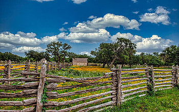 Texas Rustic Beauty, meadows, fence, clouds, trees, sky, usa, cabin HD wallpaper