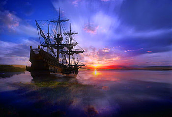 The mooring, blue, sailing ship, moored, sunset, evening, ocean HD wallpaper