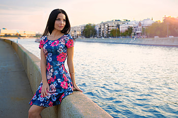 Alina Mikhailova in a Colorful Dress, river, model, dress, brunette HD wallpaper