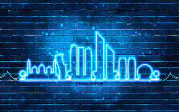Abu Dhabi blue neon silhouette, , blue neon lights, Abu Dhabi skyline silhouette, blue brickwall, UAE cities, neon skyline silhouettes, UAE, Abu Dhabi silhouette, Abu Dhabi, United Arab Emirates HD wallpaper