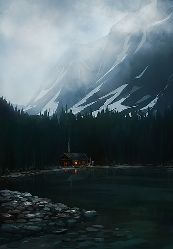 Art, Mountain, Lake, Forest, House HD phone wallpaper