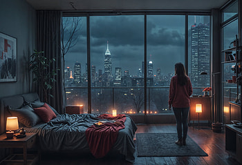 Cozy Apartment City View 2, dark, woman, apartment, light HD wallpaper