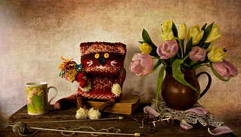 Still Life, book, vase, flowers, tulips HD wallpaper