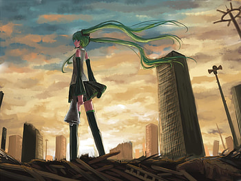 Hatsune Miku - Love is War, rubble, mega, blue, song, vocaloid, miku, buildings, music, skyscrapers, vocaloids, hatsune, thighhighs, love is war, skirt, city, hatsune miku, twintail, girl, aqua, diva, anime, aqua hair, idol, virtual HD wallpaper