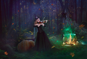 October Forest, flames, cat, girl, violin, witch, pumpkins, leaves, magical, trees, forest, pot HD wallpaper