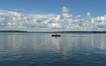summer fishing, summer, boat, fishing, clouds, lake HD wallpaper