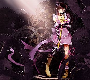 Anime, golden, gothic, gears, high hat, cross HD wallpaper