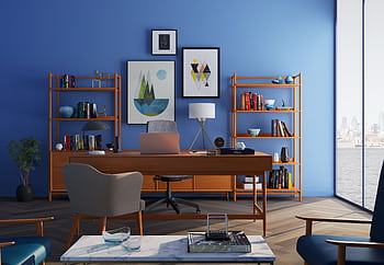 Elegantly decorated home office with modern furniture and a blue wall. HD wallpaper