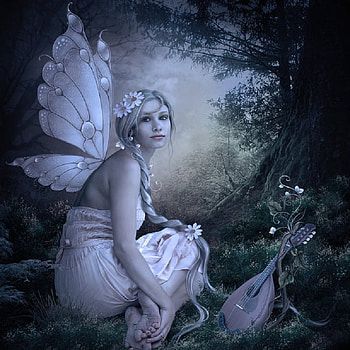 Wings of Nacre, faerie, mandolin, beautiful, grass, tree, artwork, fantasy, flowers, female HD wallpaper