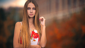 Blue, Eyes, Girl, Model, White, Red, Flowers, Printed, Dress, Blonde, Women, graphy, Long Hair, Blur, Background Girls HD wallpaper