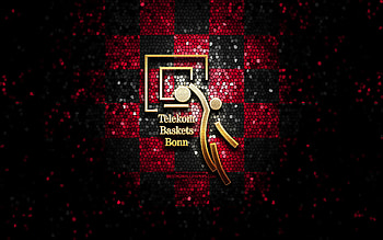 Telekom Baskets Bonn, glitter logo, BBL, purple black checkered background, basketball, german basketball club, Telekom Baskets Bonn logo, mosaic art, Basketball Bundesliga HD wallpaper