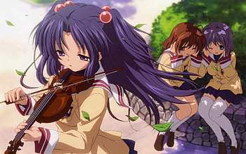 Anime, Girls, Park, Foliage, Bow, Violin HD wallpaper
