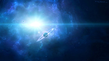 Saturn, blue, white, planet, fantasy, space, luminos, ilsur gareev HD wallpaper