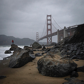 Waves, Rocks, Shore, Bank, Miscellanea, Miscellaneous, Bridge, Human, Person, Loneliness HD phone wallpaper
