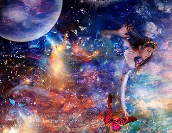 Miss Universe, blue, universe, stars, goddess, butterfly, moon, bright, galaxies, planets, girl, woman, light, green, yellow, red, face, space HD wallpaper
