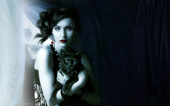 Witch, halloween, frumusete, black, fantasy, pisici, cat, girl HD wallpaper
