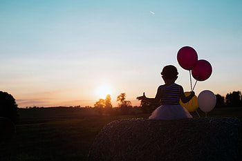 Sunset, Balloons, Dark, Child HD wallpaper