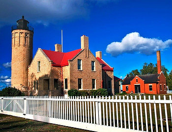 Old Mackinac Point Light Lighthouse, clouds, lighthouse, sky, fence HD wallpaper