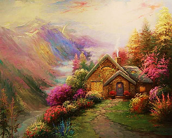 Mountain Cottage, artwork, river, valley, blossoms, house, trees, flowers HD wallpaper
