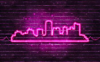Phoenix purple neon silhouette, , purple neon lights, Phoenix skyline silhouette, purple brickwall, american cities, neon skyline silhouettes, USA, Phoenix silhouette, Phoenix HD wallpaper