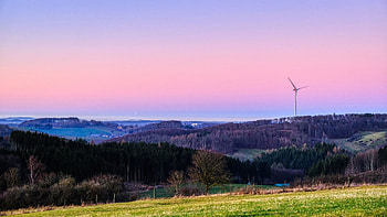 Beautiful Green Trees Bushes Forest Grass Field Wind Generator Light Pink Blue Sky Background Nature HD wallpaper