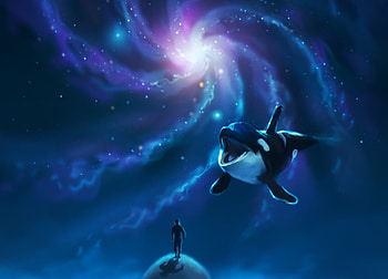 Wake-up!, blue, whale, alromeadheen, art, ahmx, summer, star, nebula, planet, fantasy, sky, luminos, vara HD wallpaper
