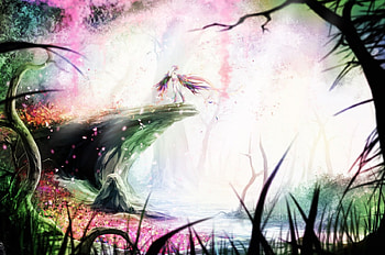 ~The Queen of The Forest~, colorful, magic, feathers, landscape, beautiful, grass, anime, fantasy, trees, queen, spikes, forest HD wallpaper