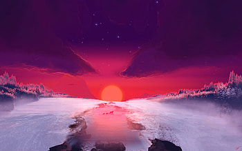 Pine River Snow Sunset, animals, artist, artwork, digital-art, sunset HD wallpaper