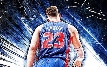 Blake Griffin, grunge art, back view, Detroit Pistons, NBA, basketball, Blake Austin Griffin, blue abstract rays, Blake Griffin Detroit Pistons, Blake Griffin HD wallpaper