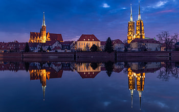 Cathedral in Wroclaw, Poland, night, river, church, Poland, calm HD wallpaper
