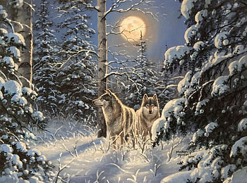 Wolves, winter, night, abraham hunter, art, wolf, moonlight, painting, moon, pictura, iarna, couple, luna, lup HD wallpaper