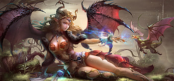 Dragon girl, wings, frumusete, horns, fantasy, red, dragon, girl, demon HD wallpaper