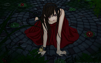 yuki's darkside!!?!, pale, red eyes, girl, black hair, vampire, shrubs, ground, red dress, dark, anime, flowers, lily pads, chains HD wallpaper