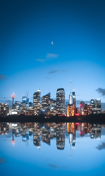 Cities, Moon, Building, Lights, Reflection, Night City HD phone wallpaper