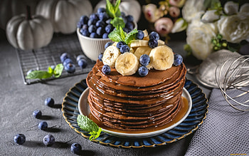 Pancakes, blueberries, food, bananas HD wallpaper