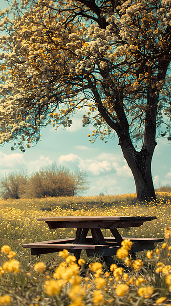 Bucolic Picnic Table Scene, picnic table HD phone wallpaper