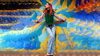Ariel, alluring, colorful, attractive, beauty, wall, gabrielle lupin, sexy, czech, sweet, model, eyes, gorgeous, beautiful, woman, blue jeans, hop, body, face, redhead, hair, green eyes HD wallpaper
