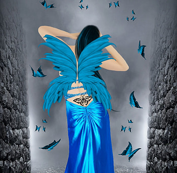 ✫Blue Butterfly Release✫, blue, emotional, cute, colors, tattoo, digital art, dress, charm, butterflies, background, animals, bright, female, wings, beautiful, release, pretty, manipulation, cool, models, girls, women, lovely, hair HD wallpaper