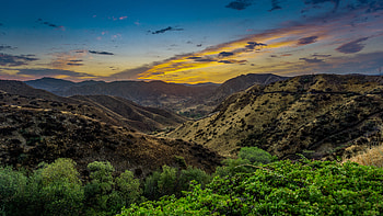 Nature, Sunset, Sky, Mountains, Bush, Relief HD wallpaper