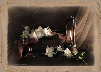 Still life, white, black, flower, flowers, flame, drink, dark, orchids HD wallpaper